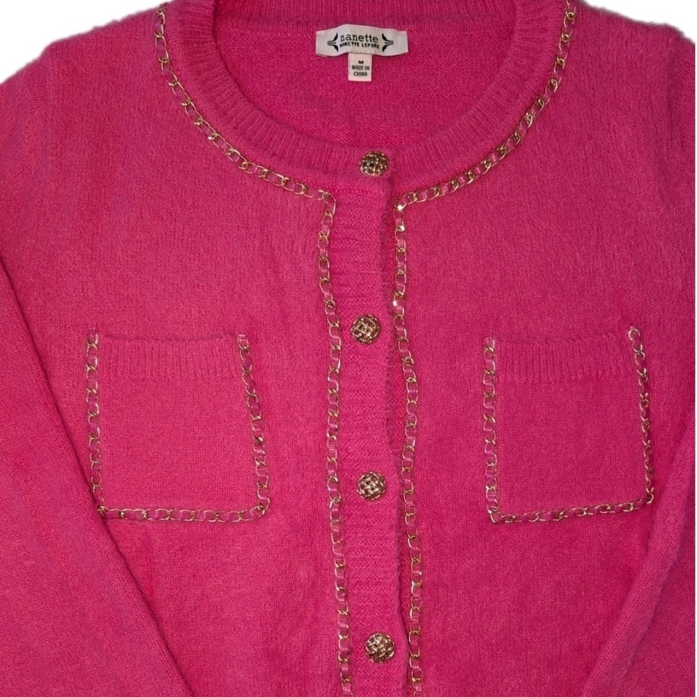Nanette Lepore Pink Fuzzy Cardigan Medium  Gold Chain Trim/Buttons Real Pockets